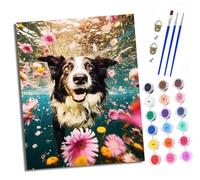 XXHXIE Paint by Numbers Paint by Numbers for Adults Beginners 40 x 50 cm Border Collie in The sea of Flowers Adults Paint by Numbers with Paint Brushes DIY Painting for Home Decoration Without Frame