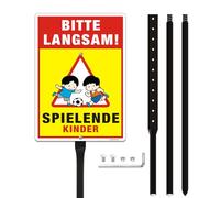 XXL Achtung Kinder Sign 35 x 25 cm Reflective Aluminium, Playing Children Warning Sign with Posts High 1.41 m, Please Drive Slow Large Warning Sign with UV, Waterproof, Rustproof, for Outdoor Use