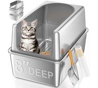 XXL All Stainless Steel Sifting Litter Box with Lid,Sifting Cat Litter Box for Wood Pine Pellets,16''High Sides Sifter Litter Pan System,Odor Control,Easy to Clean,with Liners and Scoop