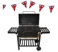 XXL BBQ Smoker Charcoal Barbecue Grill Portable Stainless Steel Adjustable Furnace Thermometer Side Shelves Hanging Hooks Bottle Opener Wheels & Union Jack Bunting Triangle Flags 10m Double Sided Blac