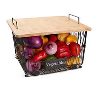 【XXL Big Size】1 Pack Stackable Wire Storage Baskets with Bamboo Lid- Pantry Cabinet Organization, Kitchen Counter Basket for Fruit Vegetable -Large Metal Bin for Pantry Organization and Storage, Black