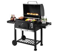 XXL Charcoal BBQ Grill with Cover - Includes two Foldable side tables Charcoal BBQ - Barbecue with Warming Rack, Adjustable Height, Temperature Gauge, Ash Tray, Storage Shelf, Wheels