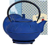 XXL Japanese Cast Iron Teapot with Infuser & Matching Trivet - Large 85 Oz/2500ml Tetsubin Loose Leaf Tea Pot with Enamel Interior - Handcrafted Big Cast Iron Tea Kettle Humidifier Set - Blue