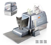 XXL Jumbo Large Stainless Steel Enclosed Deep Cat Litter Box with Extra Hooded Lid for Multiple Big Indoor Kitty,Covered,Easy Clean,Open Top Giant Litter Box with Scoop,Holder,Footpad,Mat,Odor Bag