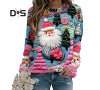 (XXL K, as the picture) Christmas Sweatshirt Women 3D Xmas Tree House Print Crew Neck Long Sleeve Tops Lightweight Holiday Pullover Tops