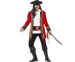 (XXL, Red/White/Black) Smiffys Mens Curves Pirate Captain Costume Set