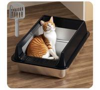 XXL Stainless Steel Cat Litter Tray with Lid - Odour-Resistant, Leak-Proof, Easy to Clean - Cat Litter Tray with High Rim & Strainer Scoop (Black, Extra Large)