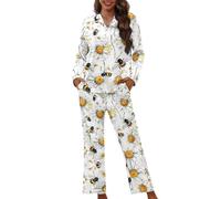 XXQGOMG Women's 2 Piece Button Up Pajamas Set Long Sleeve Blouse and Pants Sleepwear, Honeybee Daisy, XXL