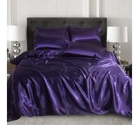 XXR SATIN SILK COMPLETE BEDDING SET DUVET COVER FITTED SHEET 4 PILLOW CASES 6 Pcs (Aubergine, Double)