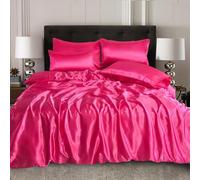 XXR SATIN SILK COMPLETE BEDDING SET DUVET COVER FITTED SHEET 4 PILLOW CASES 6 Pcs (Fuchsia, Double)