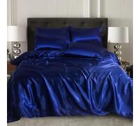 XXR SATIN SILK COMPLETE BEDDING SET DUVET COVER FITTED SHEET 4 PILLOW CASES 6 Pcs (Navy Blue, Single)
