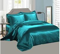 XXR SATIN SILK COMPLETE BEDDING SET DUVET COVER FITTED SHEET 4 PILLOW CASES 6 Pcs (Teal, King)