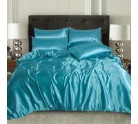 XXR SATIN SILK COMPLETE BEDDING SET DUVET COVER FITTED SHEET 4 PILLOW CASES 6 Pcs (Teal, Single)