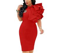 XXTAXN Women's Cocktail Bodycon Ruffle Sleeveless Formal Midi Pencil Dress, Red, S