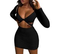 XXTAXN Women's Sexy Bodycon Deep V Neck Long Sleeve Cut Out Club Mini Dress - Black - Small