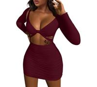XXTAXN Women's Sexy Bodycon Deep V Neck Long Sleeve Cut Out Club Mini Dress, Winered, M