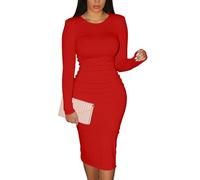 XXTAXN Women's Sexy Bodycon Long Sleeve Round Neck Work Office Maxi Pencil Dress - Red - Small