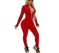 XXTAXN Women's Sexy Bodycon Long Sleeve V Neck Zipper Jumpsuit Rompers - Red - S