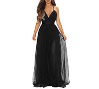 XXTAXN Women's Sexy Deep V Neck Split Cocktail Party Formal Maxi Dress, Black, X-Large