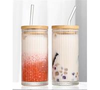 XXWZJH 12Oz Glass Cups, Ribbed Drinking Glasses with Lids and Straws, Vintage Ribbed Glassware for Whiskey Cocktail Beer, Iced Coffee Cups for Cute Gifts (2PCS)