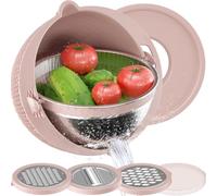 XXWZJH 4-1 Colander with Mixing Bowl Set, Food Strainers and Colanders for Kitchen,Fruit Cleaner, Salad Spinner, Strainers for Kitchen (Pink)