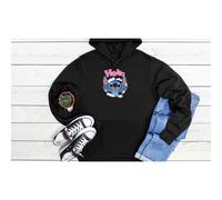 (XXX-Large, Black) Hello Stitch Ohana Cool Funny Retro Black Grey Men Women Unisex Hoodie