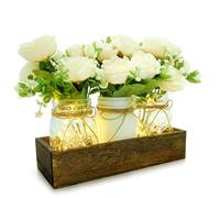 XXXFLOWER 3 Pcs Mason Jars Lights Spring Table Centerpieces with Wood Tray and 3 Artificial Flowers,Centerpieces for Farmhouse Coffee Table Dining room Kitchen Living Bathroom Wedding