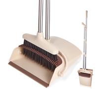 XXXFLOWER Large Broom and Dustpan Set with 54.5" Long Handle for Indoor Outdoor Home Kitchen Office Room Pet Dog Hair Lobby Wood Floor Use Upright Stand Up Broom and Dustpan Combo（Beige）