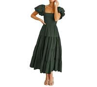 xxxiticat Women's 2023 Bohemian Summer Plain Square Neck Puff Sleeves Ruffle Flowy Beach Midi Dress, Green (military green), XL