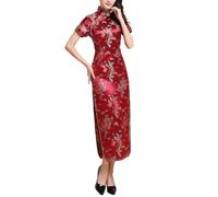xxxiticat Women's Cheongsam Long Dress Evening Slim Fit Maxi Dress Flowers Faux Silk Stand-Up Collar Bodycon Qipao, wine red, 5XL