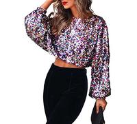 xxxiticat Women's Colorful Sequin Crop Top Long Balloon Sleeve Shiny Multi-Color Rainbow Sparkly Loose Fit Blouse Shirt, Multicolor, S