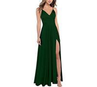 xxxiticat Women's Dark Green Satin V-Neck Spaghetti Straps Floor Length A-Line Bridesmaid Dress with Slit, XS