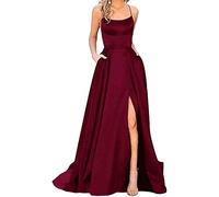 xxxiticat Women's Elegant Long Ball Dresses with Pockets, Satin A-line Backless Wedding Dress, Evening Dresses, Sexy Halterneck Spaghetti Wedding Dress, Long Princess Bridesmaid Dress, Wine Red, M