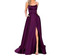 xxxiticat Women's Elegant Long Ball Dresses with Pockets Satin A-line Backless Wedding Dress Evening Dresses Sexy Halterneck Spaghetti Wedding Dress Long Princess Bridesmaid Dress, Purple, S