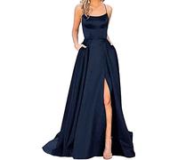 xxxiticat Women's Elegant Long Ball Dresses with Pockets, Satin A-line Backless Wedding Dress, Evening Dresses, Sexy Halterneck Spaghetti Wedding Dress, Long Princess Bridesmaid Dress, darkblue, M
