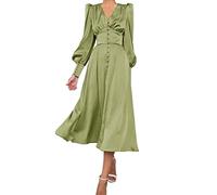 xxxiticat Women's Long Sleeve Satin Maxi Dress, Long Lantern Sleeves, Button Down, Ruffles, Single-Breasted, Vintage Puff Sleeves, Midi Dresses, Green, S