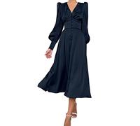 xxxiticat Women's Long Sleeve Satin Maxi Dress, Long Lantern Sleeves, Button Down, Ruffles, Single-Breasted, Vintage Puff Sleeves, Midi Dresses, darkblue, S
