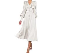 xxxiticat Women's Long Sleeve Satin Maxi Dress, Long Lantern Sleeves, Button Down, Ruffles, Single-Breasted, Vintage Puff Sleeves, Midi Dresses, White, S