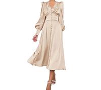 xxxiticat Women's Long Sleeve Satin Maxi Dress, Long Lantern Sleeves, Button Placket, Ruffles, Single Breasted, Vintage Puff S, Rice white, L