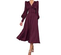 xxxiticat Women's Long Sleeve Satin Maxi Dress, Long Lantern Sleeves, Button Placket, Ruffles, Single Breasted, Vintage Puff Sleeves, Midi Dresses, Wine Red, XL