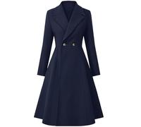 xxxiticat Women's Long Wool Trench Coat Winter Warm Notch Lapel Double Breasted Button A-line Pleated Dress Coat Peacoat, Deep blue, L