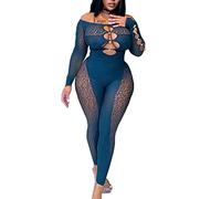 xxxiticat Women's Off The Shoulder Jumpsuit Long Sleeve Sheer Mesh Hollow Out Leopard Print Bodycon One Piece Overalls, Blue, L