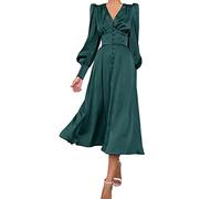 xxxiticat Women's Puff Sleeve Satin Maxi Dress Long Lantern Sleeve Button Down Ruffle Single Breasted Vintage Midi Dresses, Green, Medium