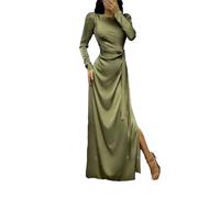 xxxiticat Women's Satin Long Dress Long Sleeve Puff Shoulder Crew Neck Tie Up Waist Ruched High Slit Maxi Slip Dresses, Green, S