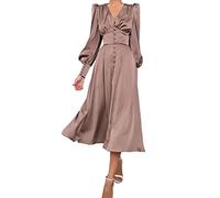 xxxiticat Women's Satin Midi Dress Long Sleeve Vintage Puff Sleeves Maxi Dresses Ruffle Single Breasted Button Down Plain Dress, brown, L