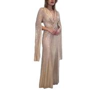 xxxiticat Women's Sequin Prom Dress Long Cape Sleeve V Neck Front Twist Knot Evening Party Wedding Slit Maxi Gown Dresses, Gold, M
