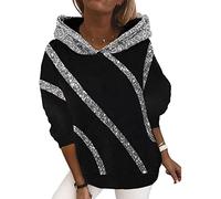 xxxiticat Women's Shiny Sequin Hooded Sweatshirt Long Sleeve Casual Bling Sparkly Striped Color Block Pullover Hoodies, Black, XL