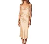 xxxiticat Women's Sleeveless Satin Dress Sexy Spaghetti Strap Backless Cocktail Ball Party Midi Dress, golden, XS