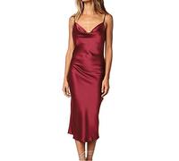 xxxiticat Women's Sleeveless Satin Dress Sexy Spaghetti Strap Backless Cocktail Ball Party Midi Dress, wine red, XS