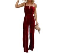xxxiticat Women's Sleeveless Velvet Jumpsuit Elegant V Neck Backless Spaghetti Strap Wide Leg One Piece Overall Outfit, Wine Red, X-Large